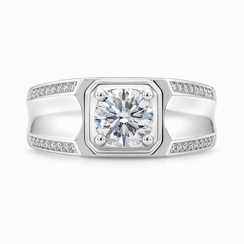 1ct round lab grown diamond engagement ring on extra wide pave diamond band | Tayam