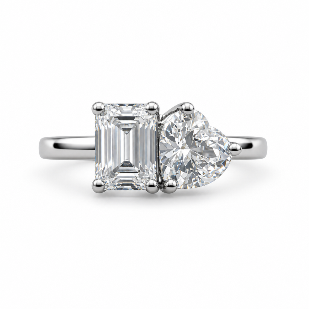 Toi et moi lab grown diamond engagement ring — 1ct emerald cut and 1ct heart | Tayam