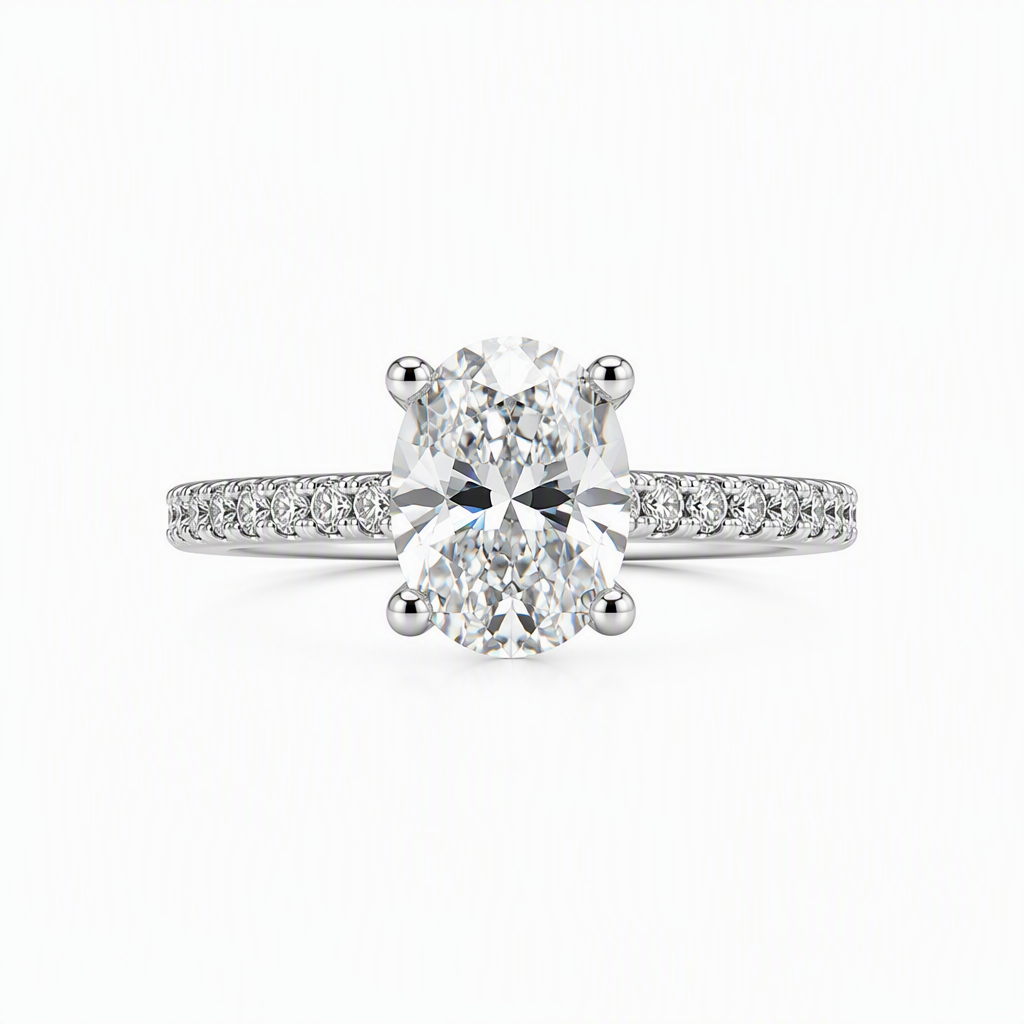 1ct oval lab grown diamond four claw engagement ring with pave diamond band | Tayam