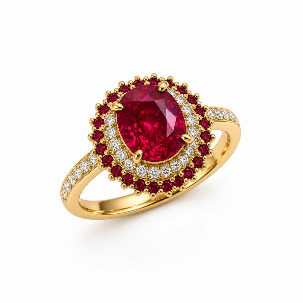 Ruby diamond double halo ring side profile — 18K yellow gold exotic layering | Tayam Sydney CBD