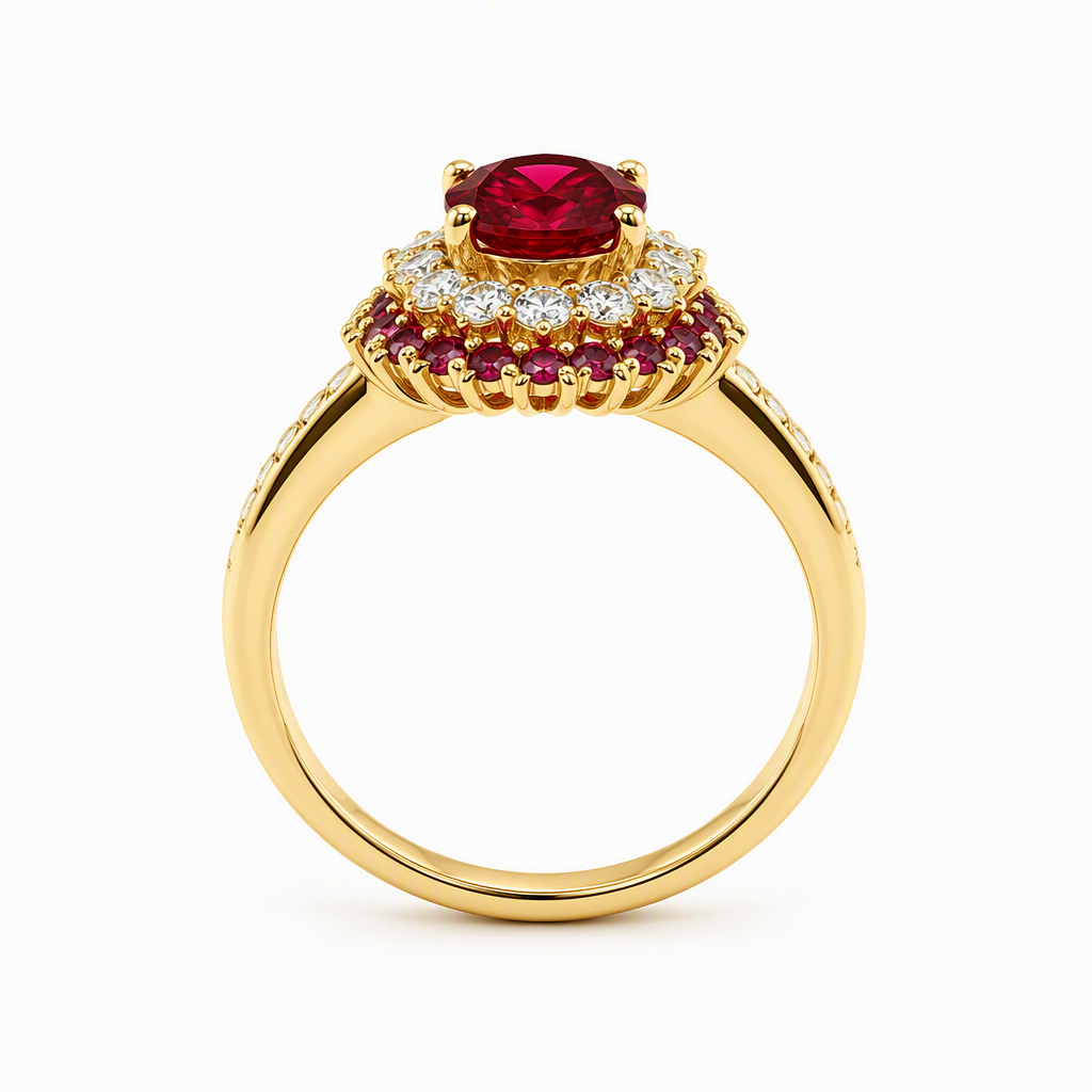 Vivid red ruby ring close-up — inner diamond halo outer ruby ring 18K gold | Tayam Jewellery Sydney