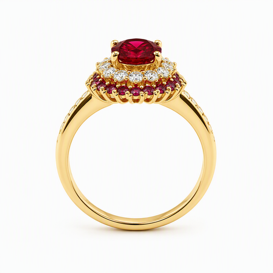 Vivid red ruby ring close-up — inner diamond halo outer ruby ring 18K gold | Tayam Jewellery Sydney