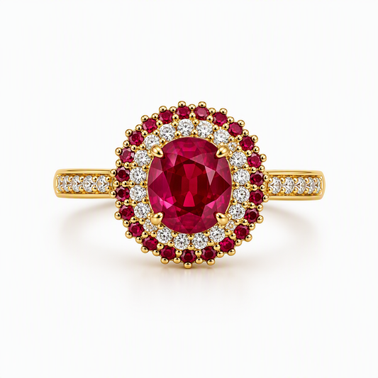 1.1ct vivid red ruby diamond double halo ring — 18K yellow gold exotic design | Tayam Sydney CBD