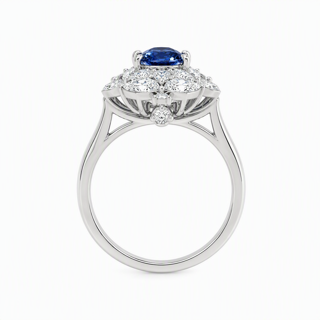 Royal blue sapphire floral ring close-up — blooming diamond petals platinum | Tayam Jewellery Sydney