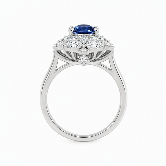 Royal blue sapphire floral ring close-up — blooming diamond petals platinum | Tayam Jewellery Sydney