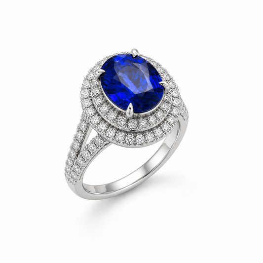Royal blue sapphire double halo ring close-up — oval cut platinum split band | Tayam Jewellery Sydney