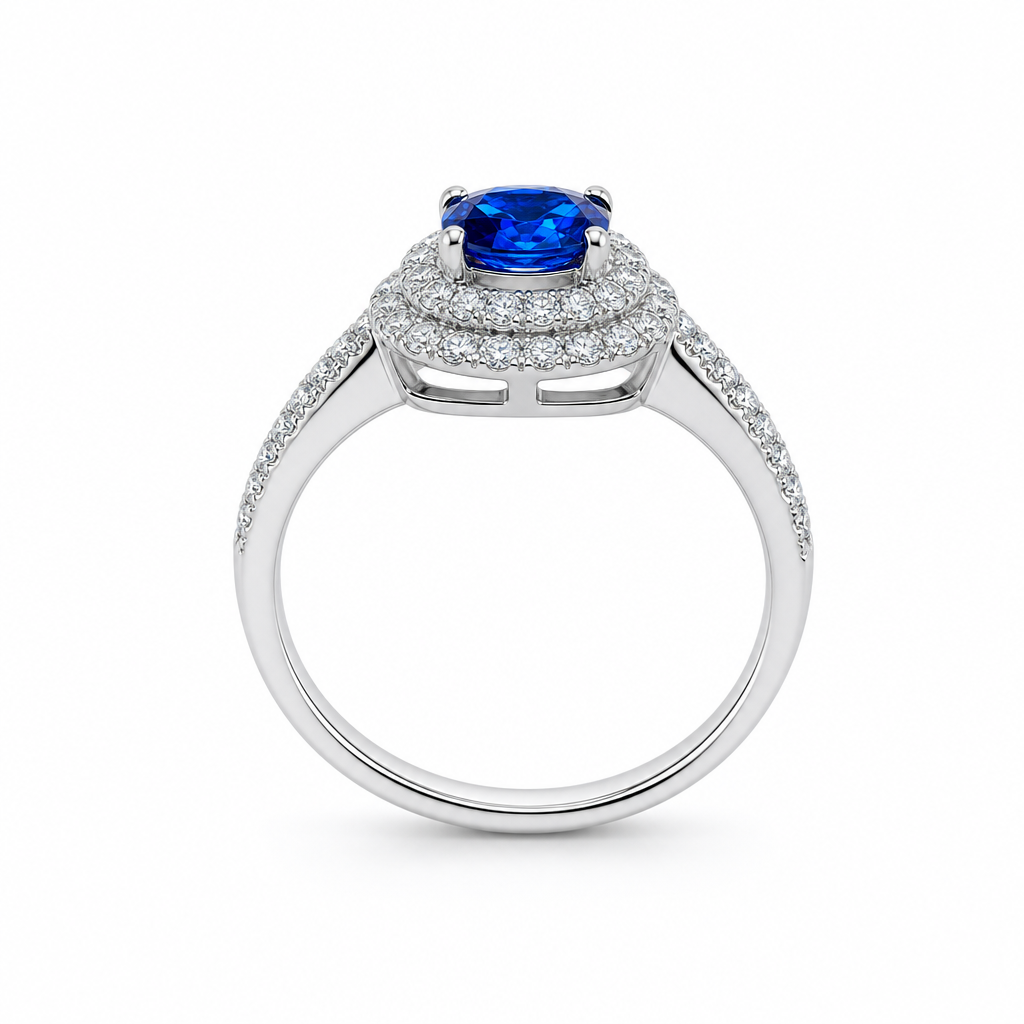 Royal blue sapphire ring side profile — double diamond halo platinum classic design | Tayam Sydney CBD