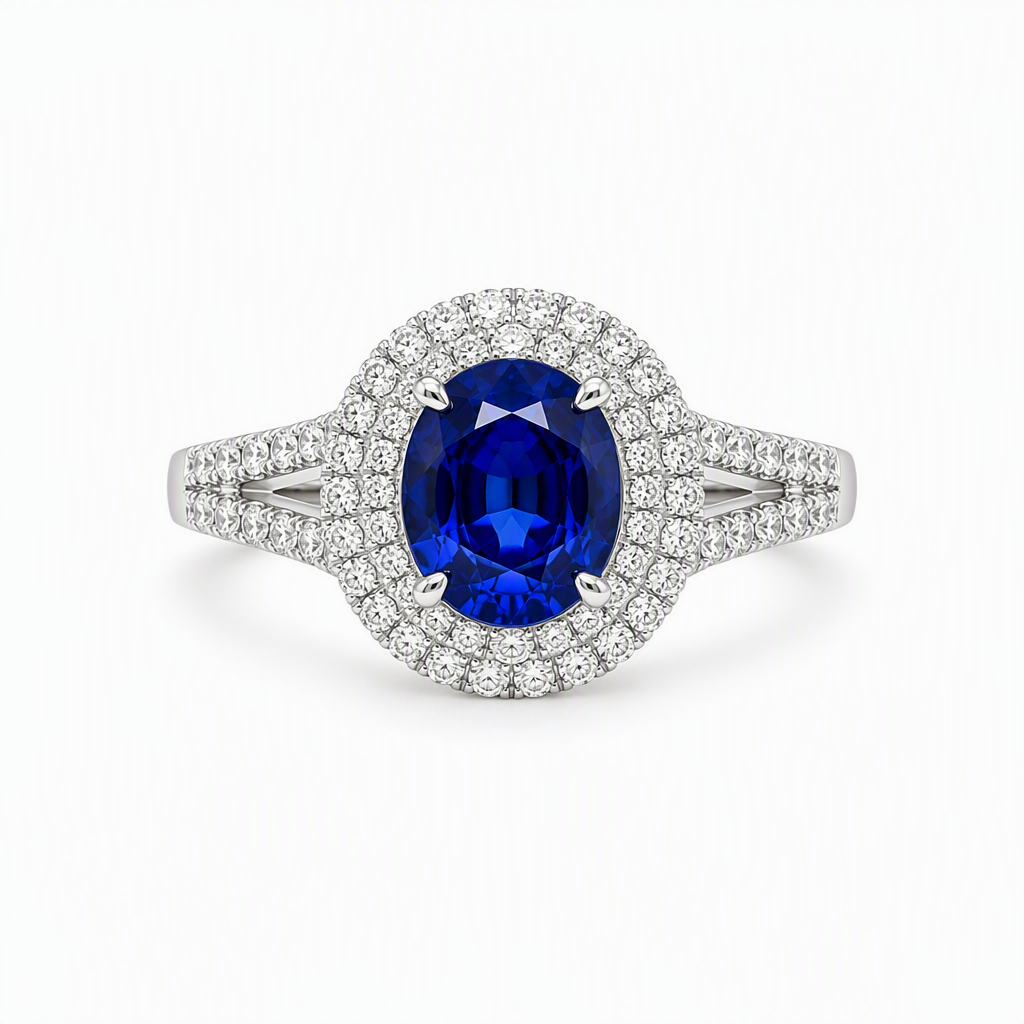 1.33ct royal blue sapphire diamond double halo ring — platinum split band | Tayam Sydney CBD