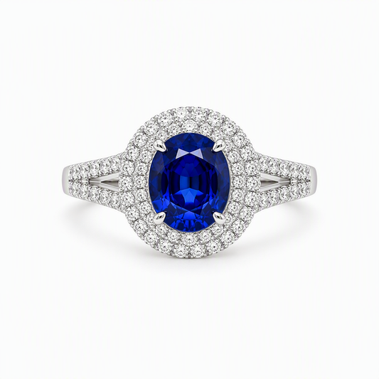 1.33ct royal blue sapphire diamond double halo ring — platinum split band | Tayam Sydney CBD