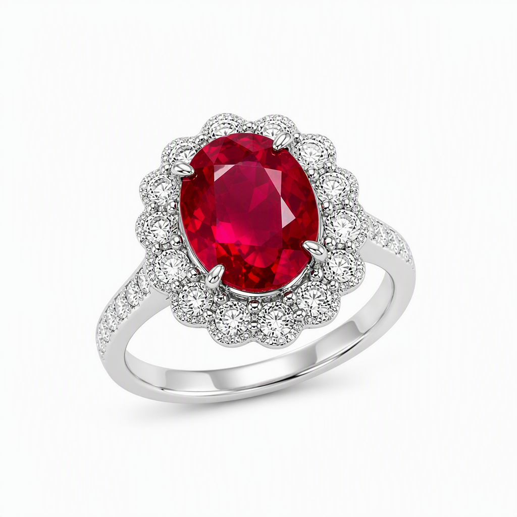 Pigeon blood ruby ring close-up — oval cut double halo platinum band | Tayam Sydney CBD