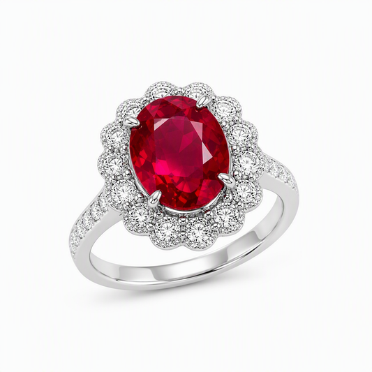 Pigeon blood ruby ring close-up — oval cut double halo platinum band | Tayam Sydney CBD