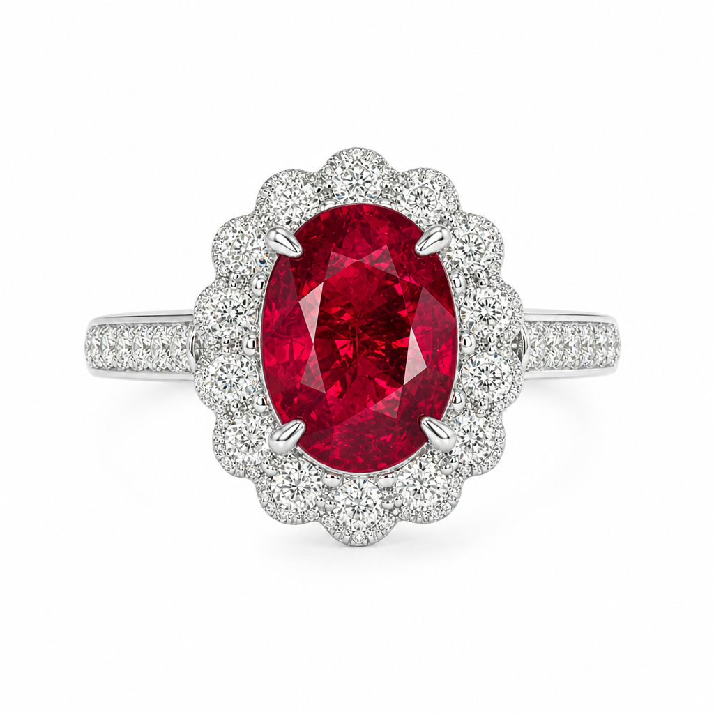 Pigeon blood ruby ring side profile — double diamond halo floral design platinum | Tayam Jewellery Sydney