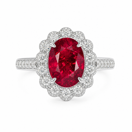 Pigeon blood ruby ring side profile — double diamond halo floral design platinum | Tayam Jewellery Sydney