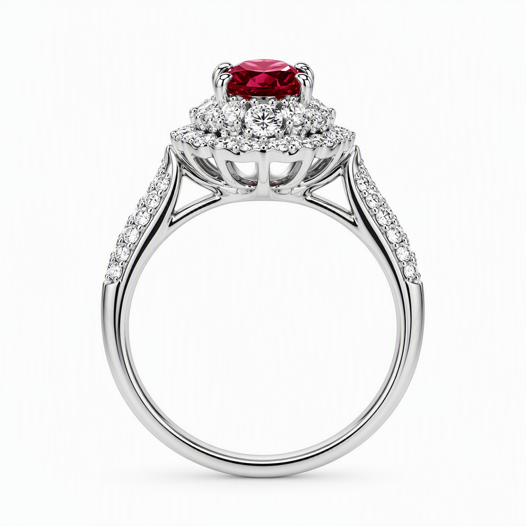 1.5ct pigeon blood ruby diamond double halo ring — convertible pendant platinum | Tayam Sydney CBD