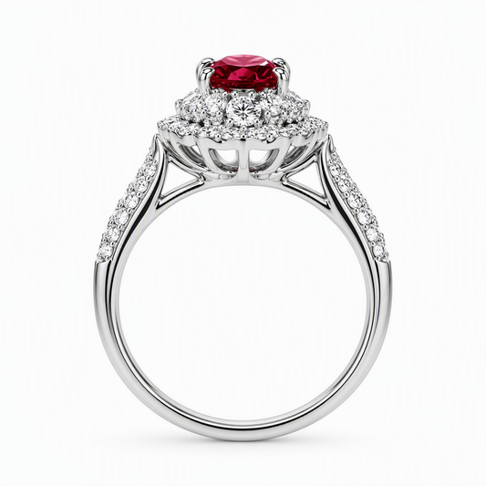 1.5ct pigeon blood ruby diamond double halo ring — convertible pendant platinum | Tayam Sydney CBD