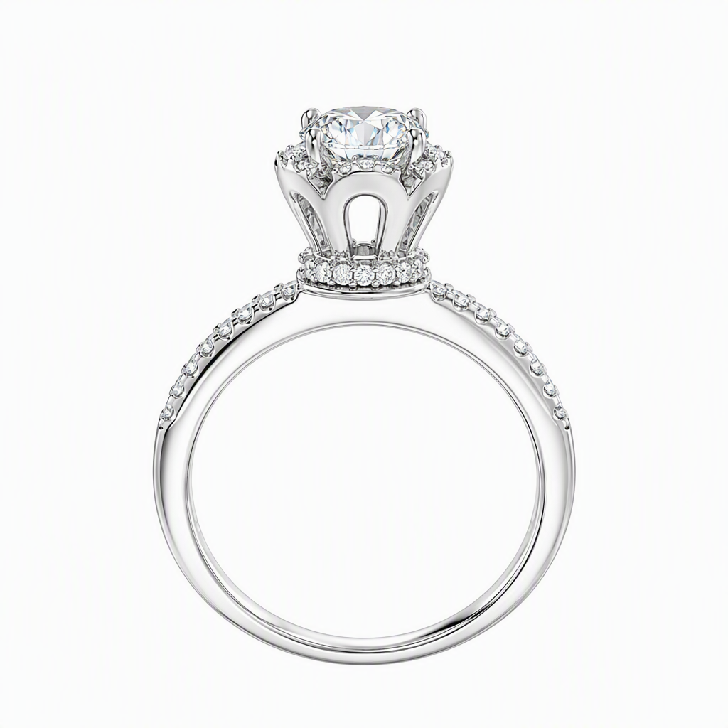 Flower halo diamond ring close-up — petal setting 1ct D/E VVS lab grown | Tayam