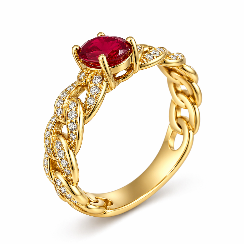Ruby diamond chain ring in 18K yellow gold, angled view showing chain link band detail