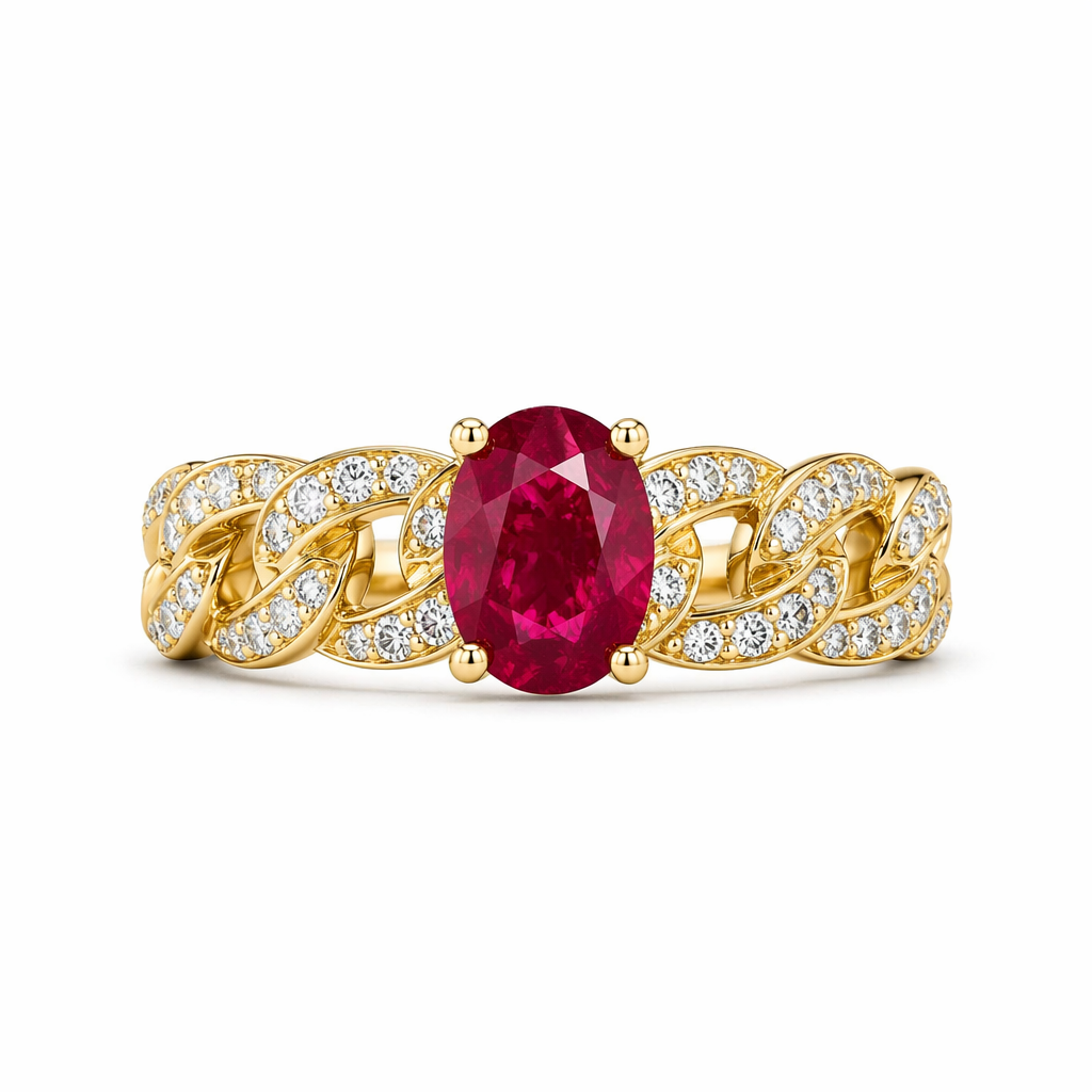 Natural ruby and diamond Cuban chain link ring in 18K yellow gold, front view