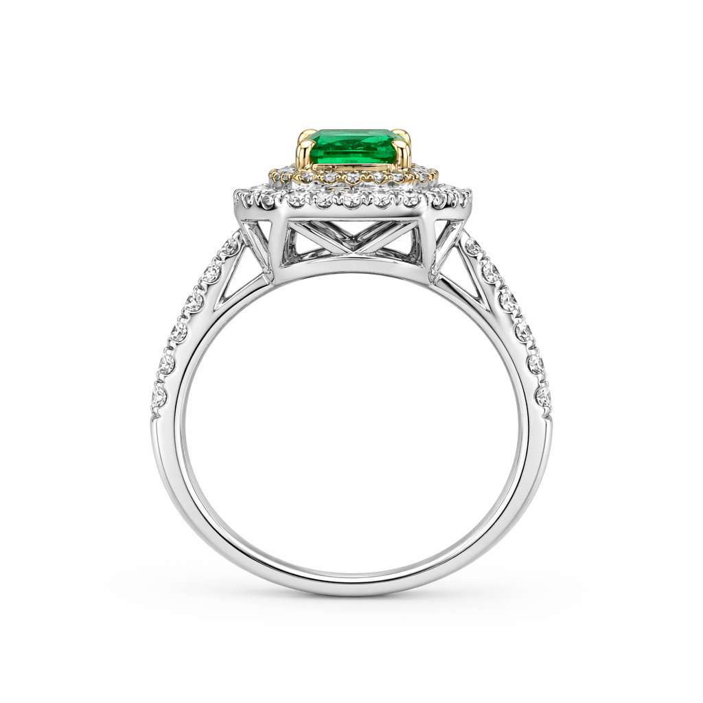 1.03ct emerald double halo ring side profile — 18K two-tone gold band with diamonds | Tayam Sydney CBD