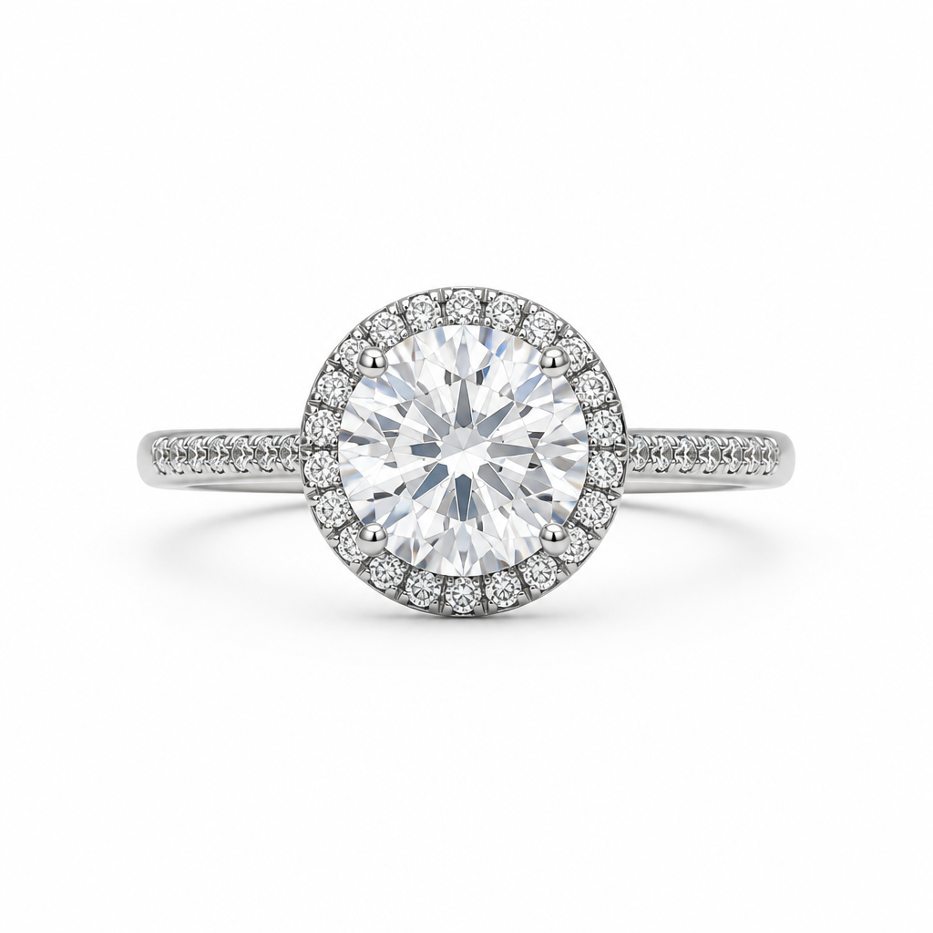 1ct round lab grown diamond halo engagement ring with pave diamond band | Tayam Sydney CBD