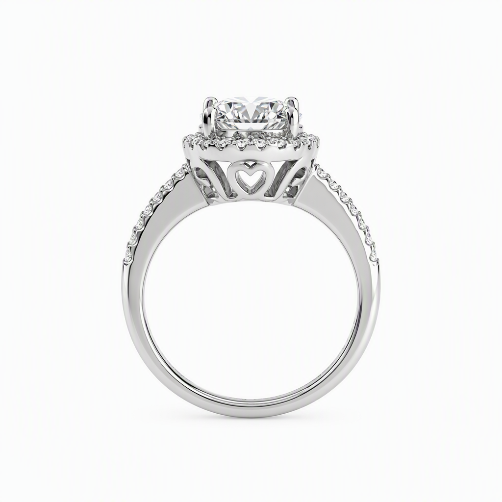 Diamond halo engagement ring close-up — 1ct D/E VVS lab grown centre stone | Tayam Sydney