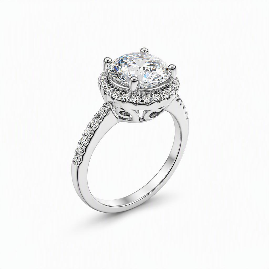 Halo diamond ring side profile — pave set band, bespoke engagement ring Sydney CBD | Tayam