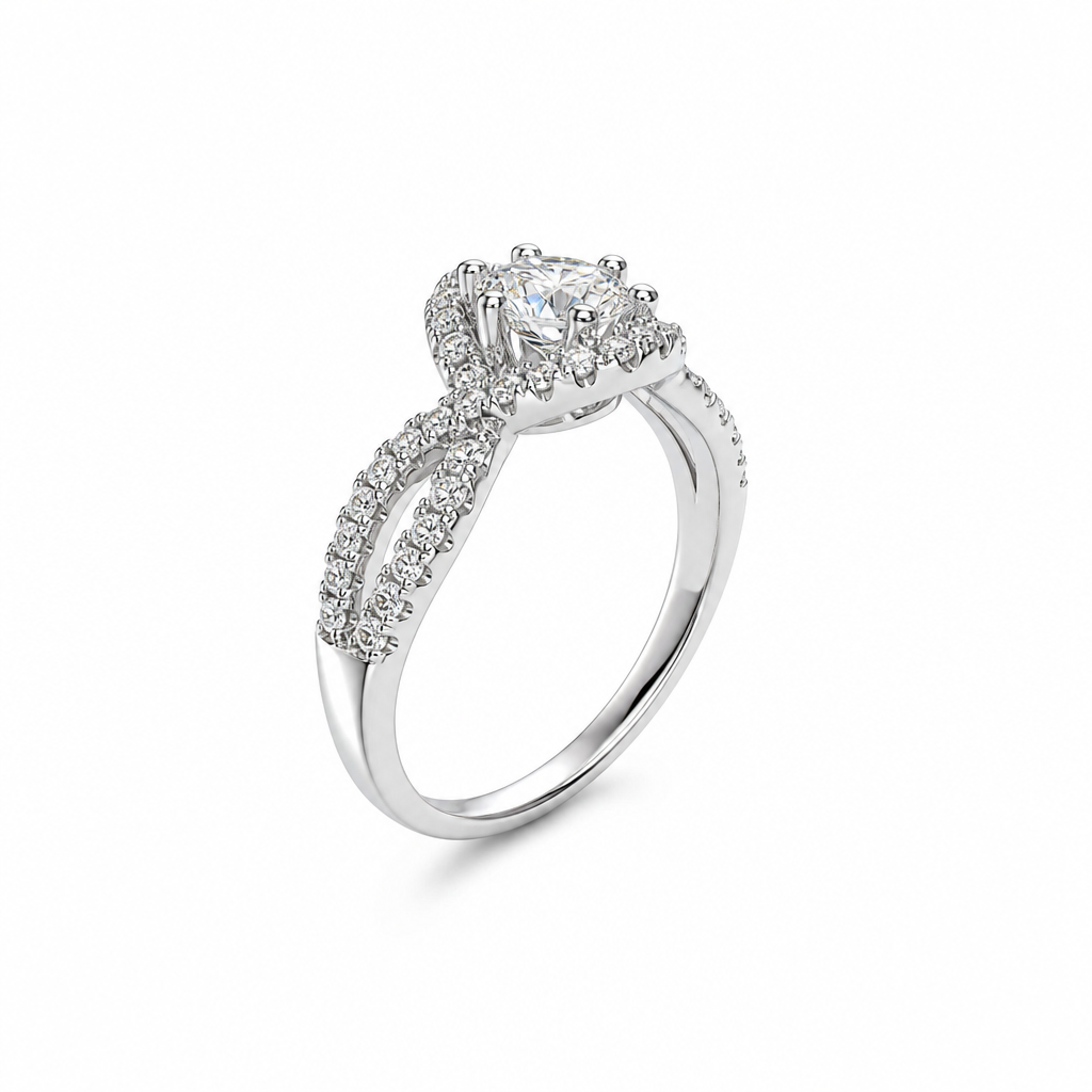 Halo engagement ring side profile — infinity band bespoke Sydney CBD | Tayam Jewellery