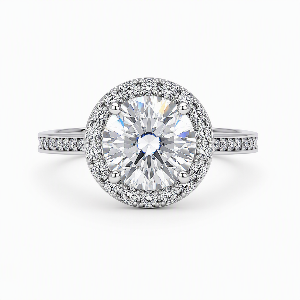 3ct round lab grown diamond halo engagement ring with pave diamond band | Tayam Sydney CBD