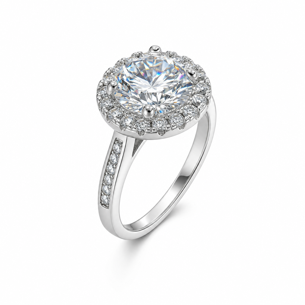 Halo diamond ring side profile — pave set band in white gold, bespoke Sydney CBD | Tayam
