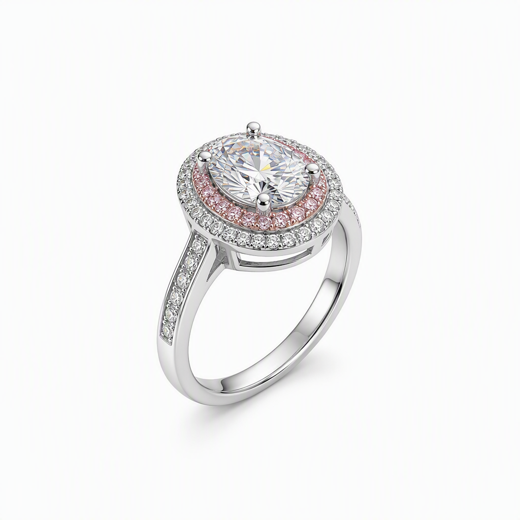 Double halo oval engagement ring side profile — pave diamond band Sydney CBD | Tayam