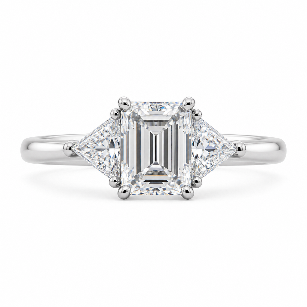 1ct emerald cut lab grown diamond three stone engagement ring | Tayam Sydney CBD