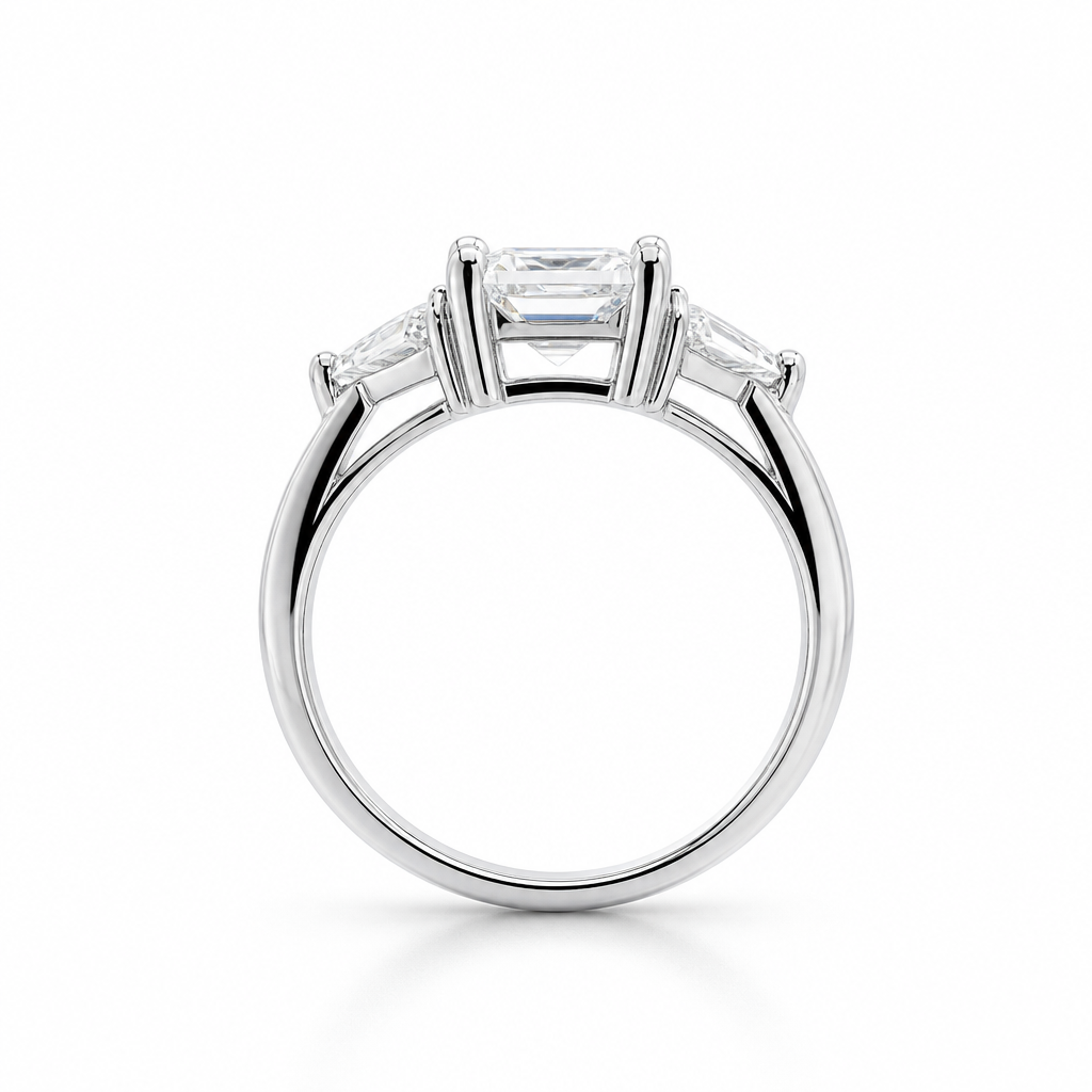 Three stone emerald cut engagement ring side view — bespoke Sydney CBD | Tayam Jewellery