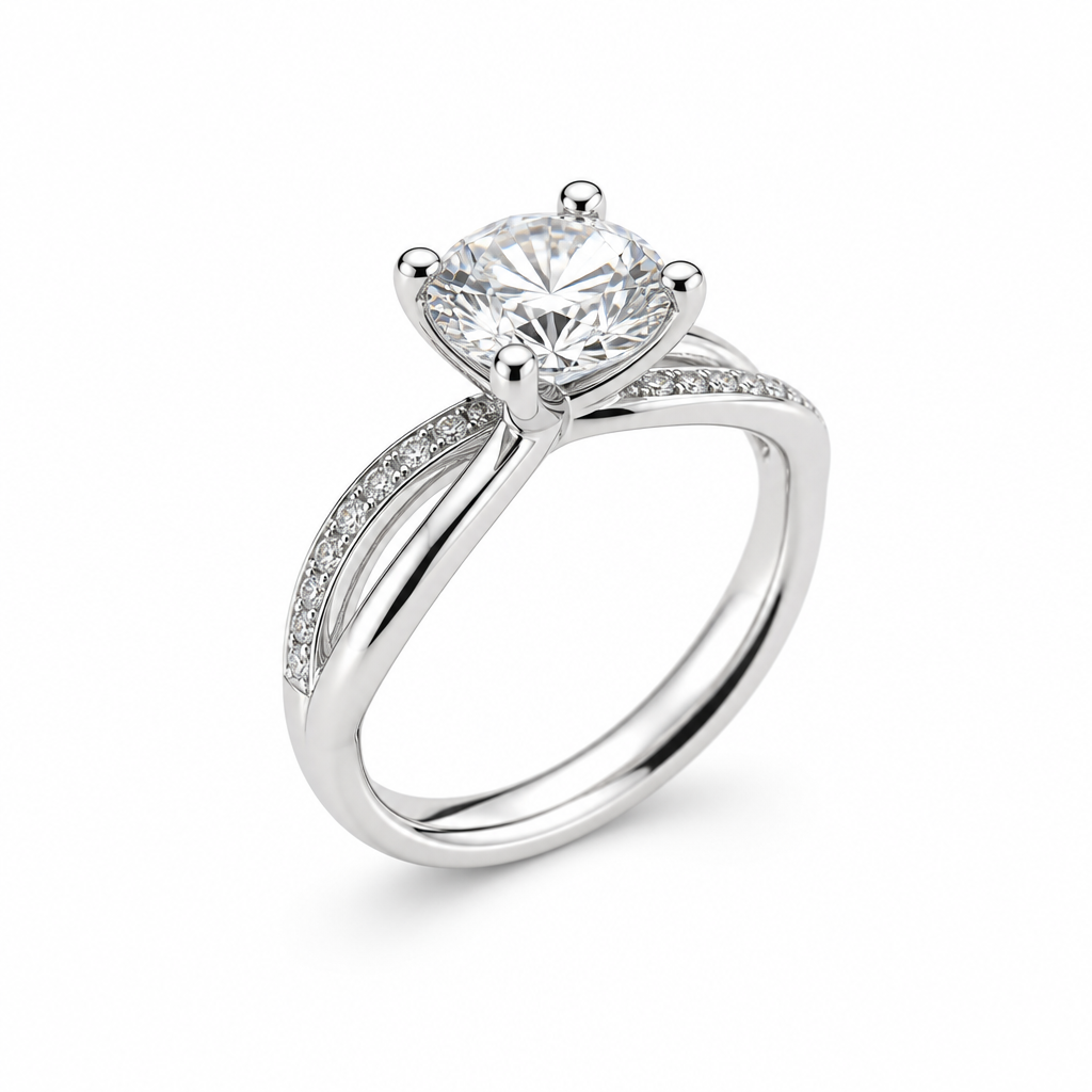 1ct round lab grown diamond claw solitaire engagement ring with pave band | Tayam Sydney