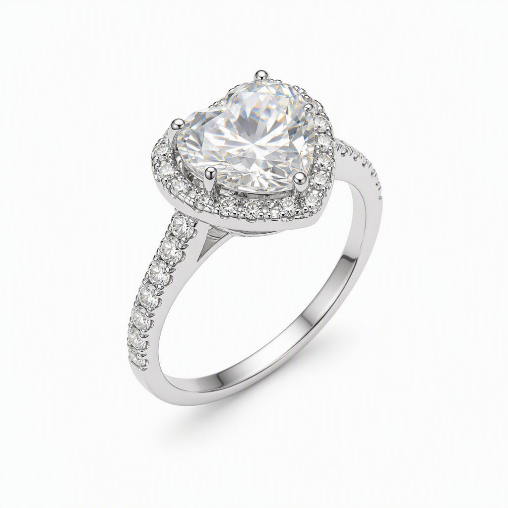 Heart cut halo engagement ring side view — pave band bespoke Sydney CBD | Tayam