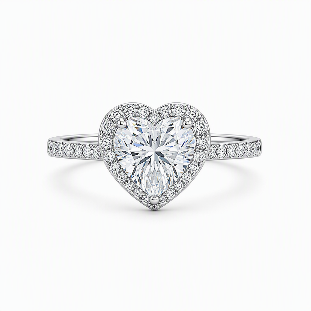 1ct heart shape lab grown diamond halo engagement ring with diamond band | Tayam Sydney