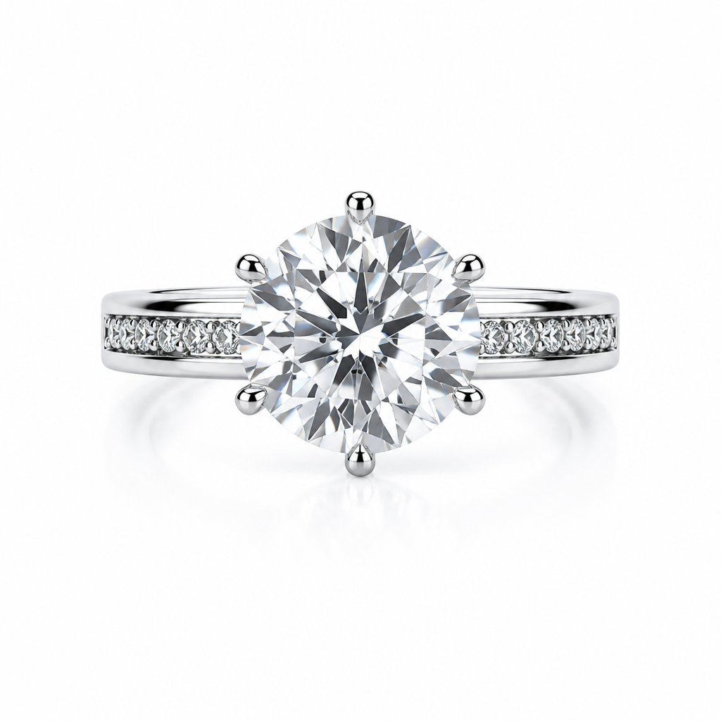 2ct round lab grown diamond six claw engagement ring with pave diamond band | Tayam Sydney