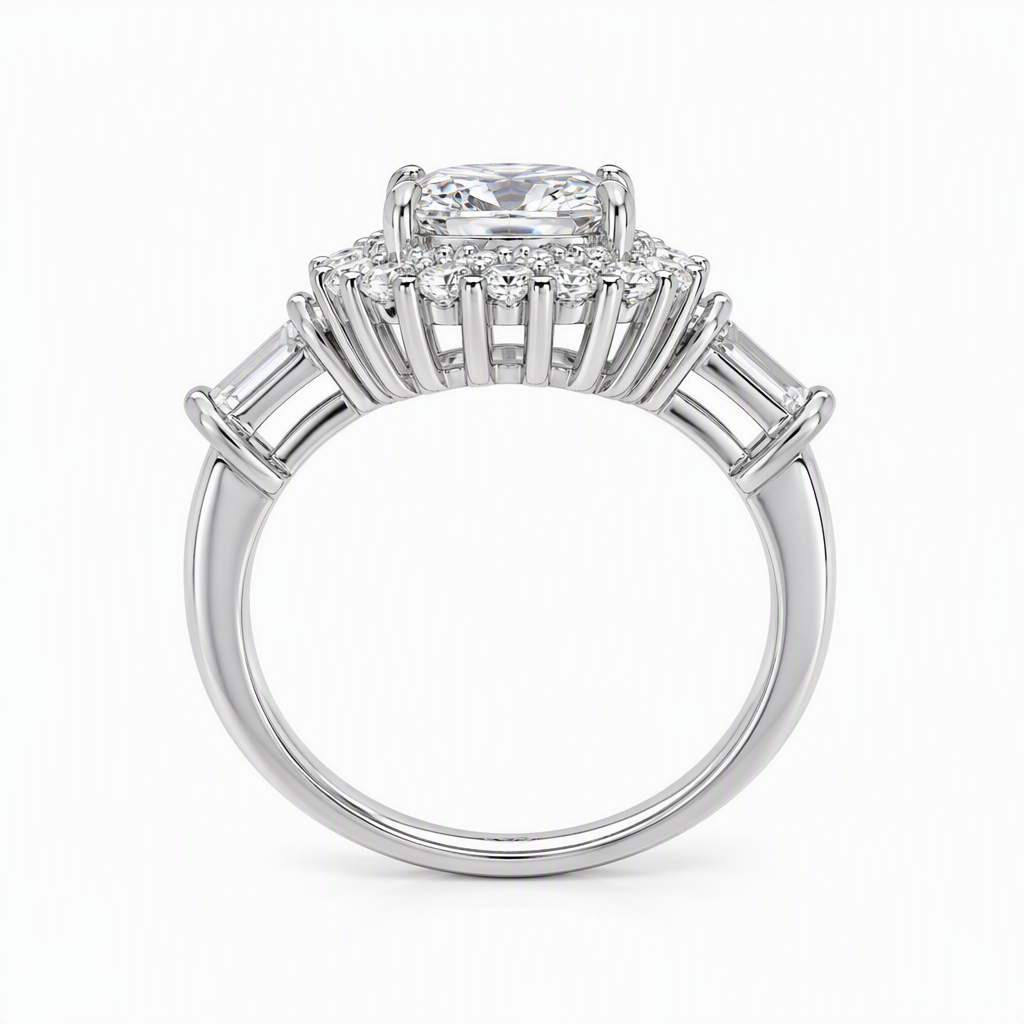 Cushion cut trilogy halo ring close-up — D/E VVS lab grown diamond | Tayam Sydney