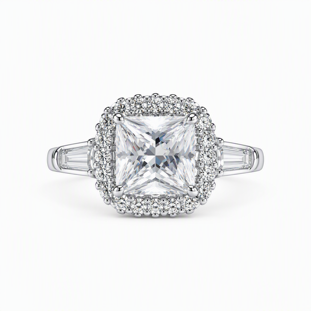 1ct cushion cut lab grown diamond three stone halo engagement ring | Tayam Sydney CBD