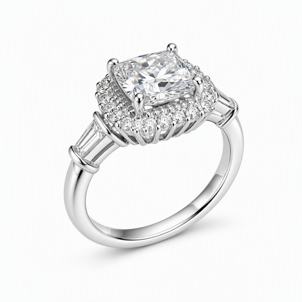 Three stone cushion halo engagement ring side view — bespoke Sydney CBD | Tayam Jewellery