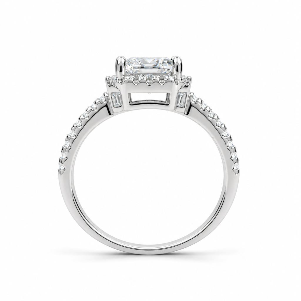 Emerald cut halo ring close-up — 2ct D/E VVS lab grown step cut diamond | Tayam
