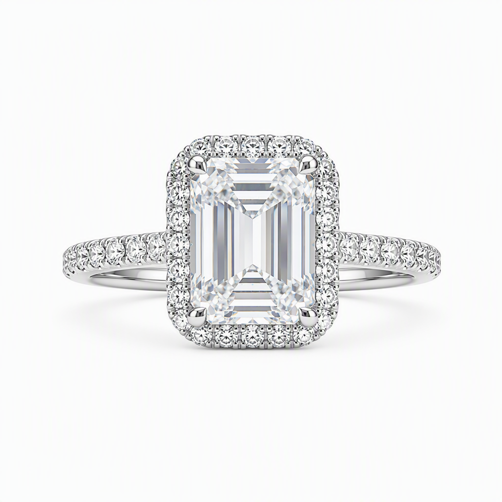 2ct emerald cut lab grown diamond halo engagement ring with diamond band | Tayam Sydney