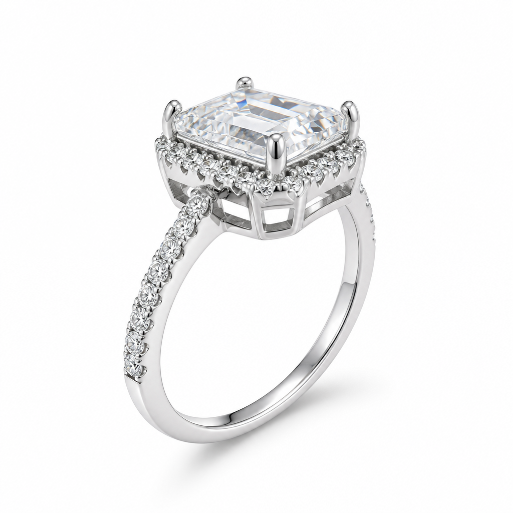 Emerald cut halo engagement ring side view — pave band bespoke Sydney CBD | Tayam