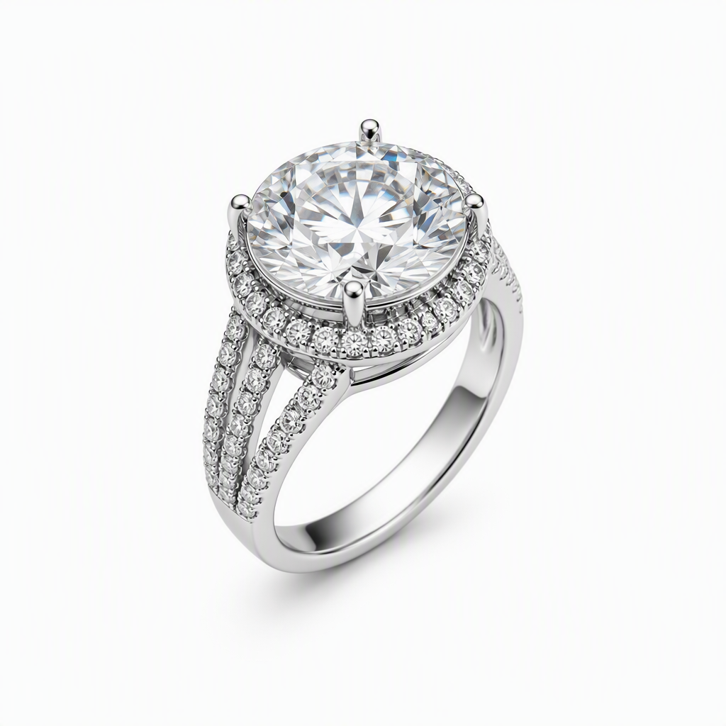 3ct round lab grown diamond halo engagement ring with triple pave band | Tayam Sydney