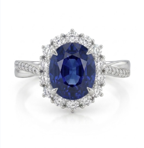 2.64ct royal blue sapphire diamond halo ring in platinum — Diana-inspired twist band | Tayam Sydney CBD