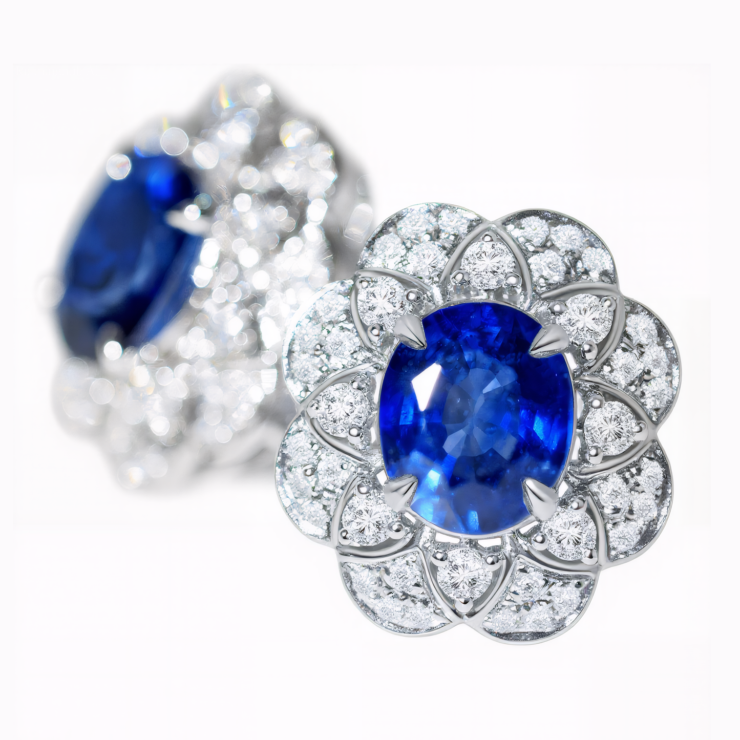 Natural vivid blue sapphire flower earrings with diamond petals in 18K white gold | Tayam Sydney CBD