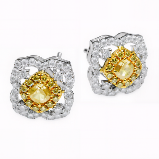 Yellow Diamond Floral Earrings 18K Gold White Diamond Petals | Tayam Jewellery