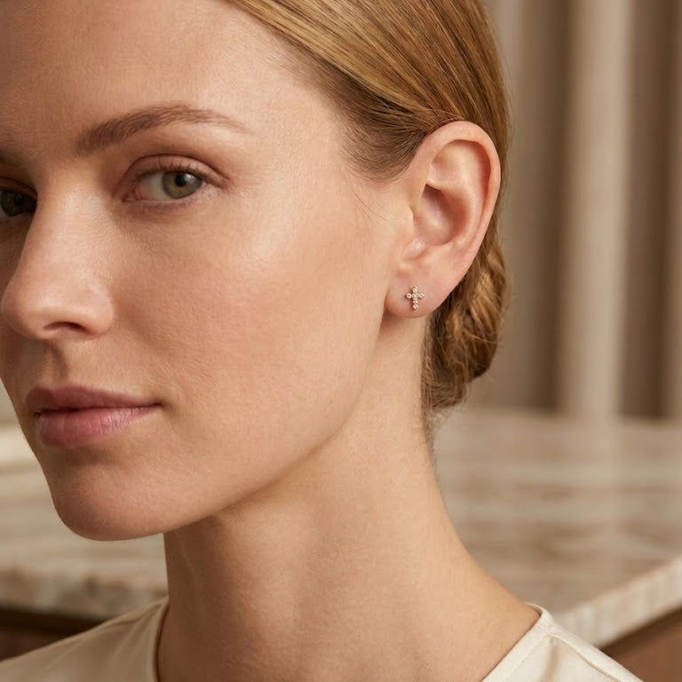 Elevate your everyday style with these stunning 18k Yellow Gold Diamond Cross Stud Earrings. | Tayam Jewellery