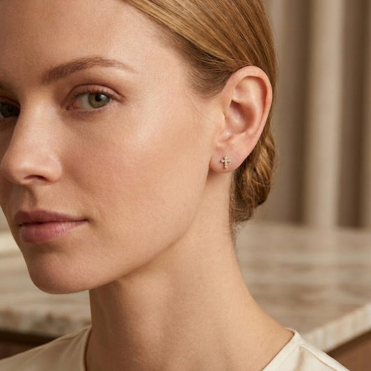 Elevate your everyday style with these stunning 18k Yellow Gold Diamond Cross Stud Earrings. | Tayam Jewellery