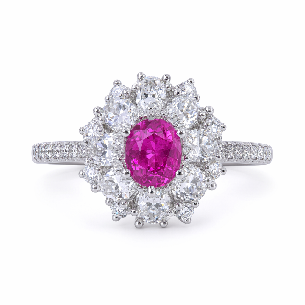 Natural pink sapphire engagement ring with white sapphire and diamond accents in 18K white gold Sydney CBD