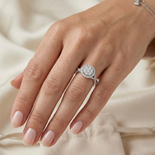 Natural diamond twist wedding band close-up — 50pt cluster centre stone with halo 10K gold Sydney